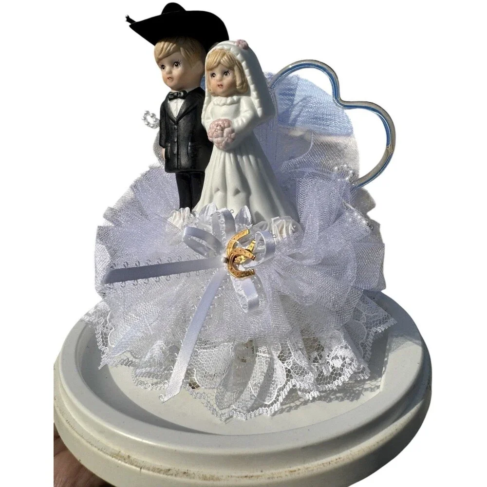 Country Western COWBOY COWGIRL Wedding Cake Topper Porcelain -storage case COLTS